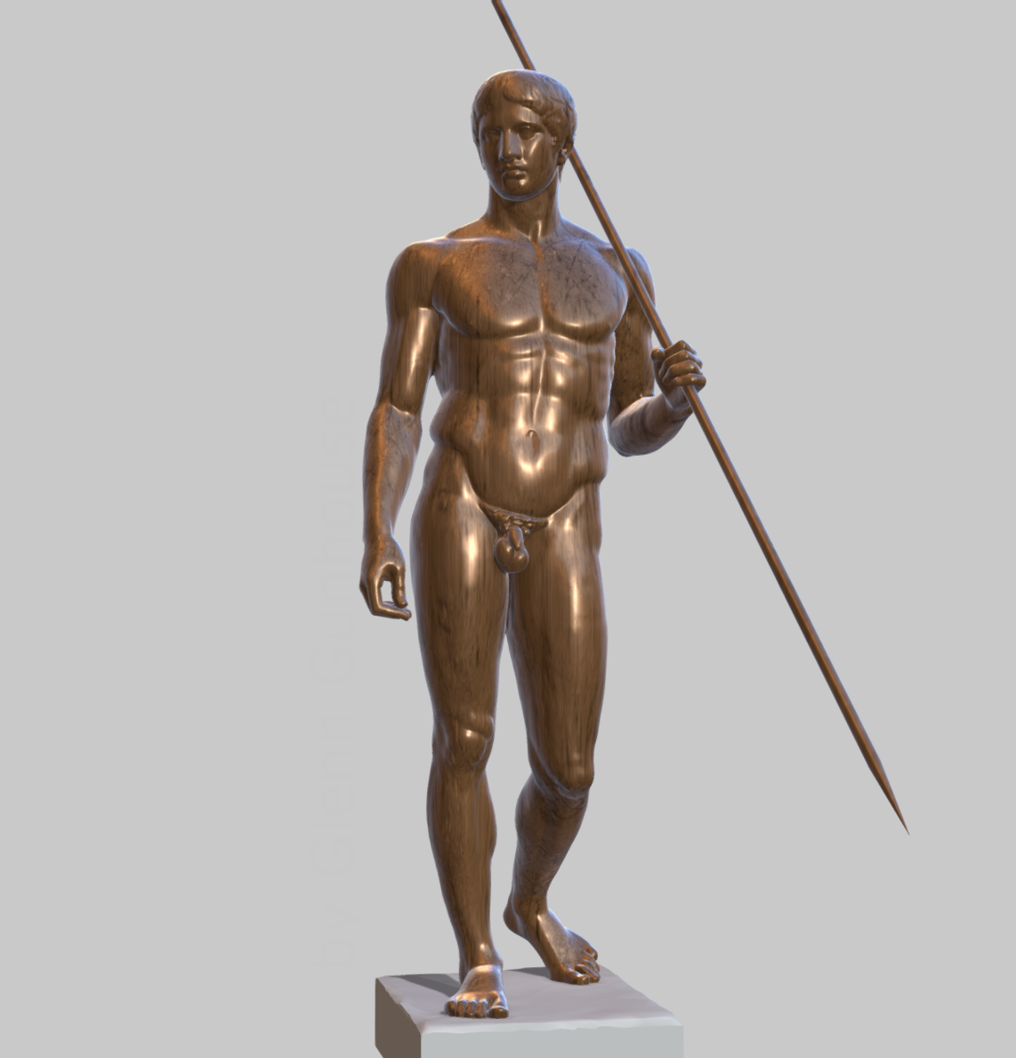 The Doryphoros, digitally reconstructed in bronze, view from near front.